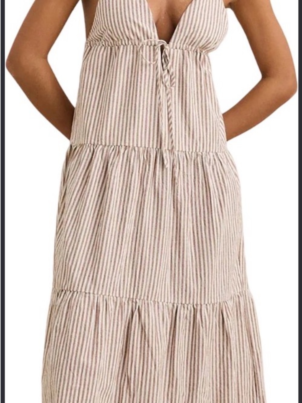 Rhythm. Cream and Tan Striped Tiered Maxi Dress